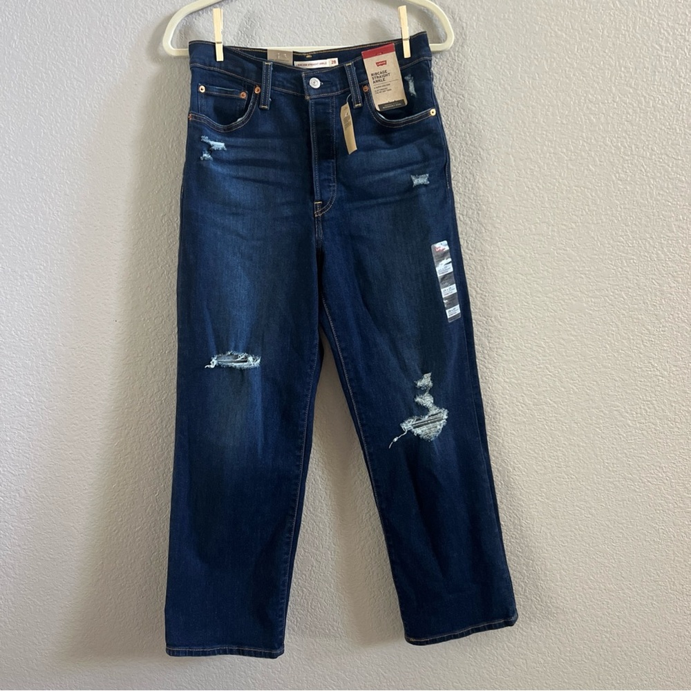 Levi's Ribcage Straight Ankle Women's Blue Distressed Jeans Size 28X27 NWT
